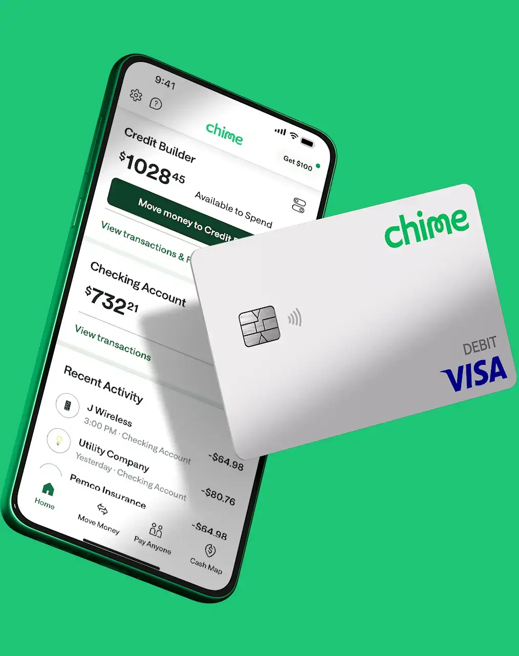 A Chime Visa debit card with a mobile phone showing the best banking features in one easy to use mobile app. 