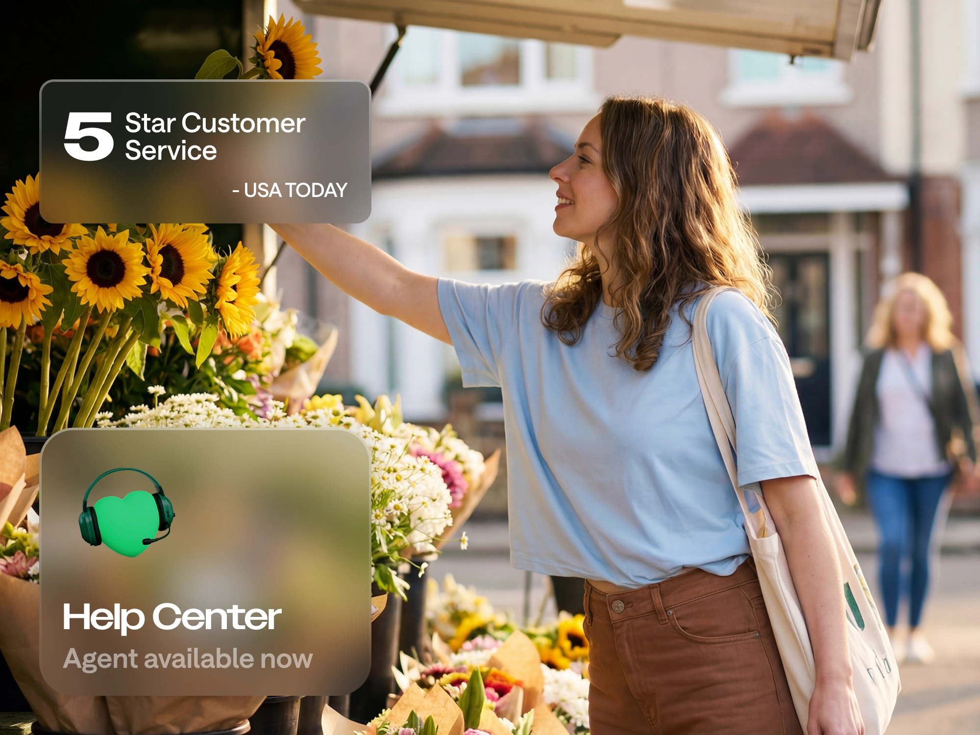 A smiling woman in a blue shirt reaches for sunflowers at an outdoor market, with overlays noting 5-star service and a Help Center.