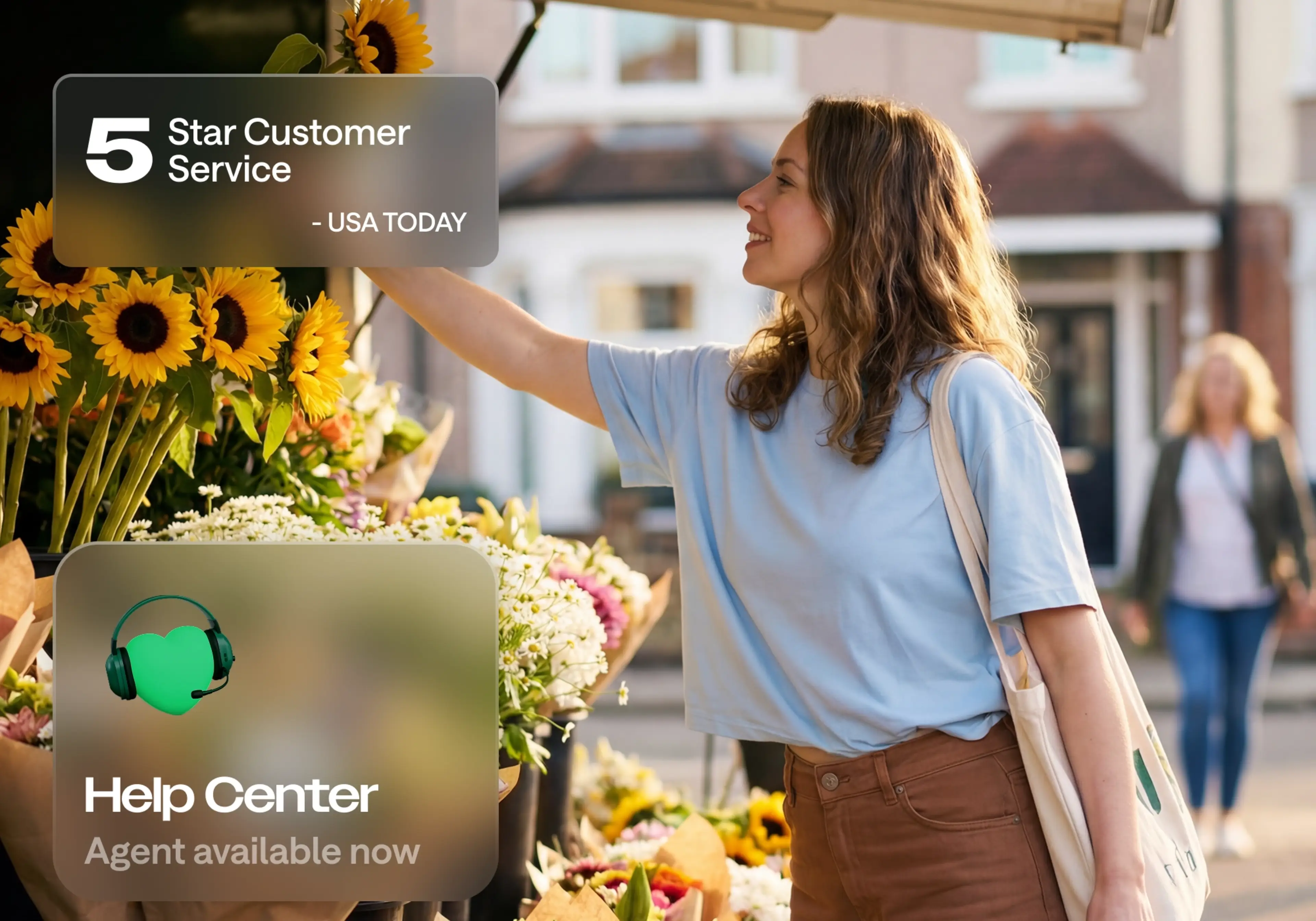 A smiling woman in a blue shirt reaches for sunflowers at an outdoor market, with overlays noting 5-star service and a Help Center.