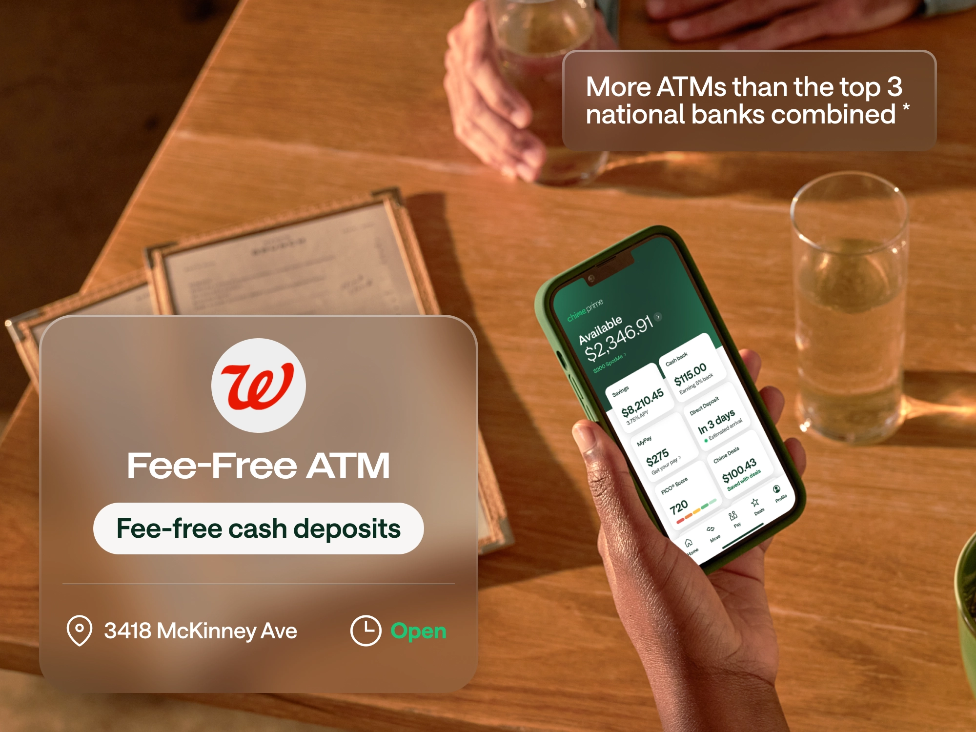 Hand holding a phone with Chime app, Walgreens fee-free ATM location card, text: More ATMs than top 3 national banks combined.