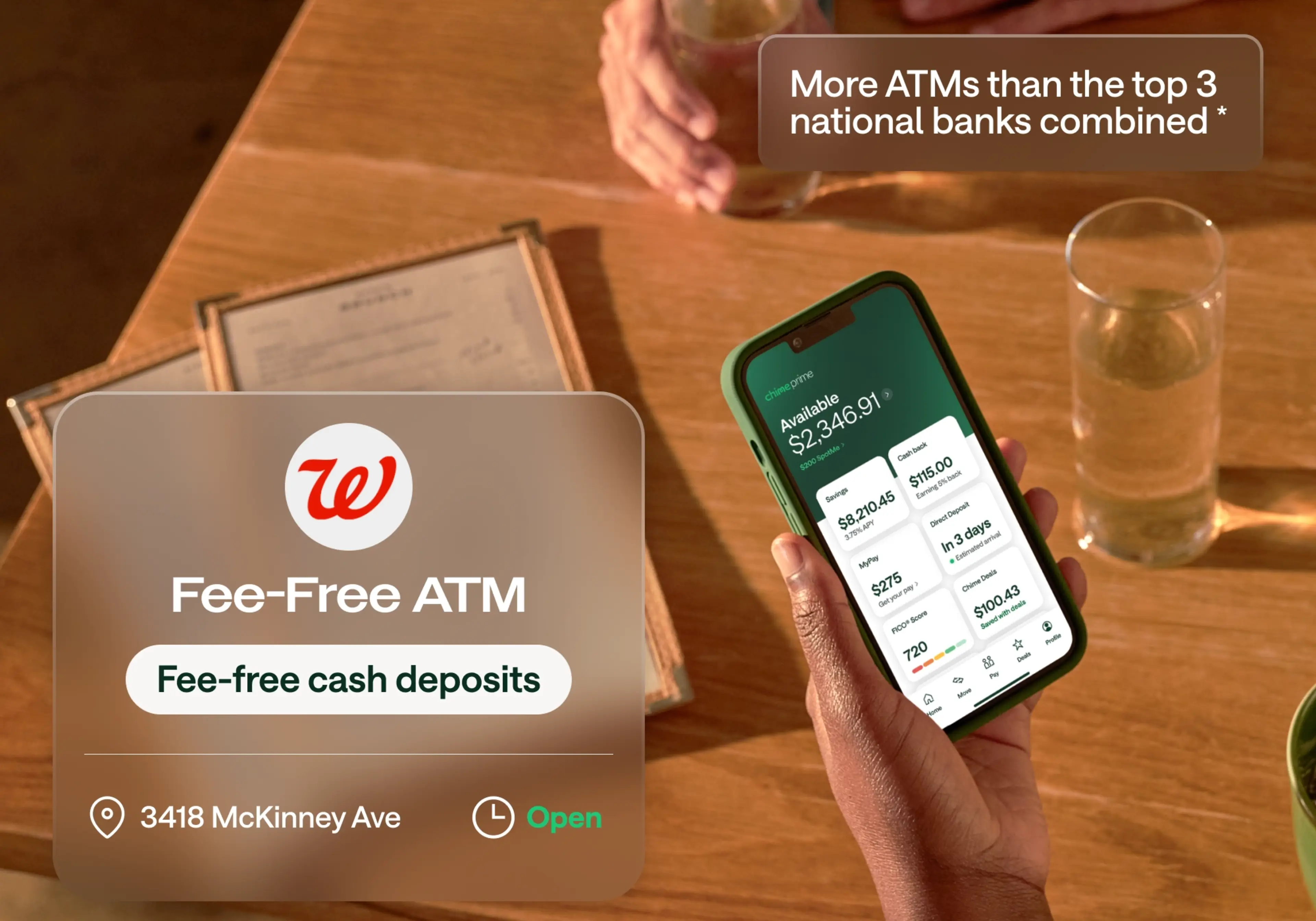 Hand holding a phone with Chime app, Walgreens fee-free ATM location card, text: More ATMs than top 3 national banks combined.