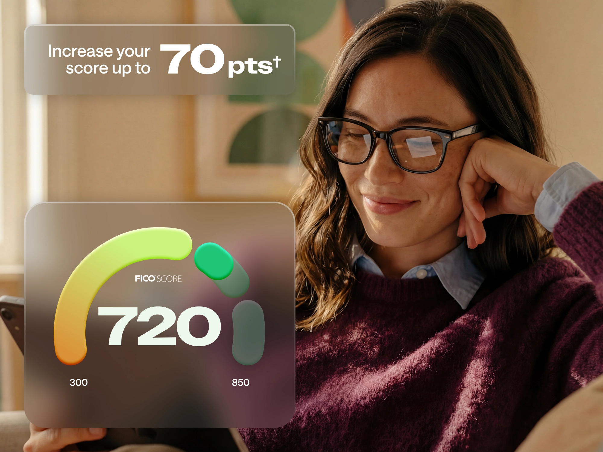 Woman with glasses smiling at a screen showing a FICO score of 720, with text reading Increase your score up to 70 pts.