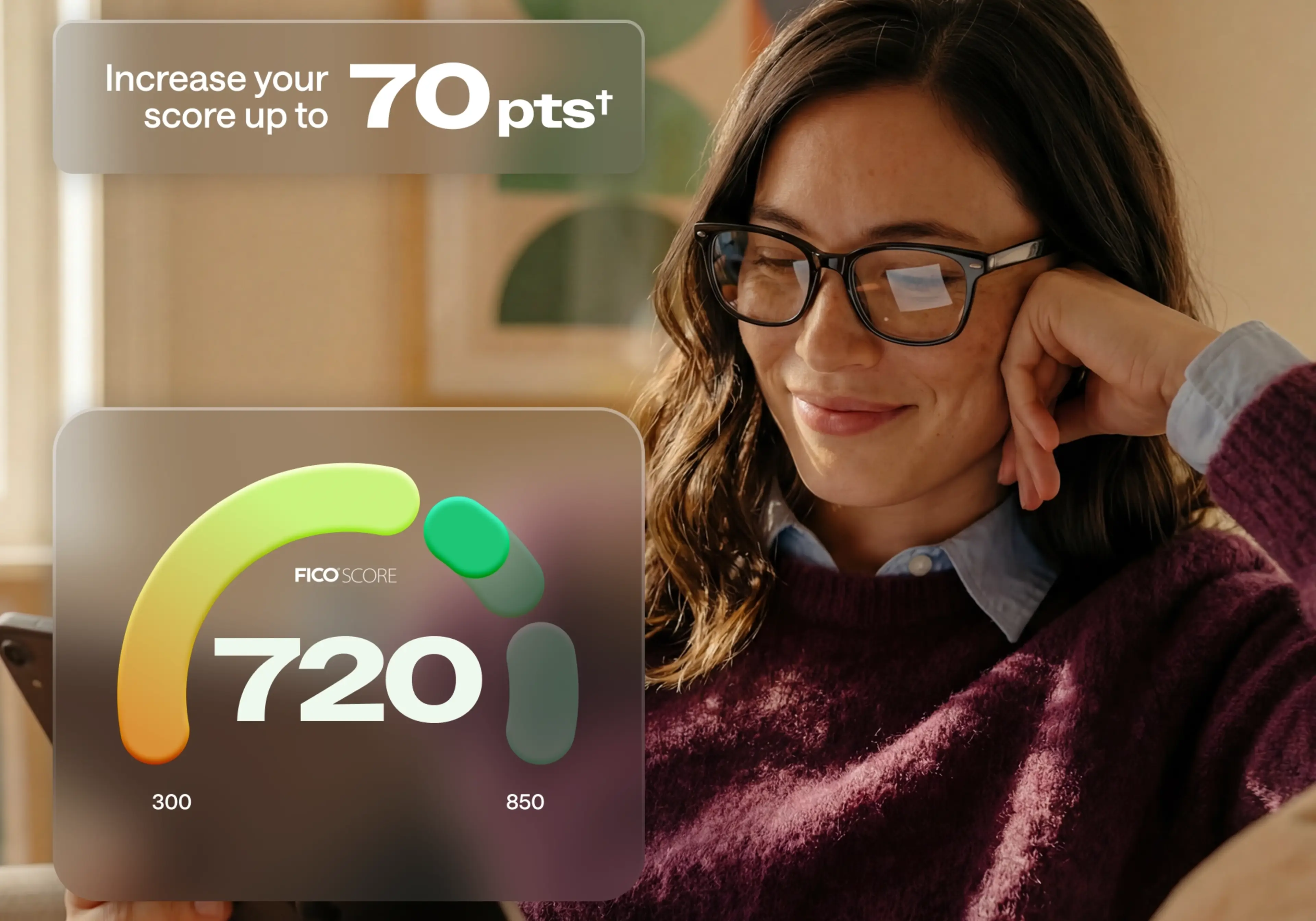 Woman with glasses smiling at a screen showing a FICO score of 720, with text reading Increase your score up to 70 pts.