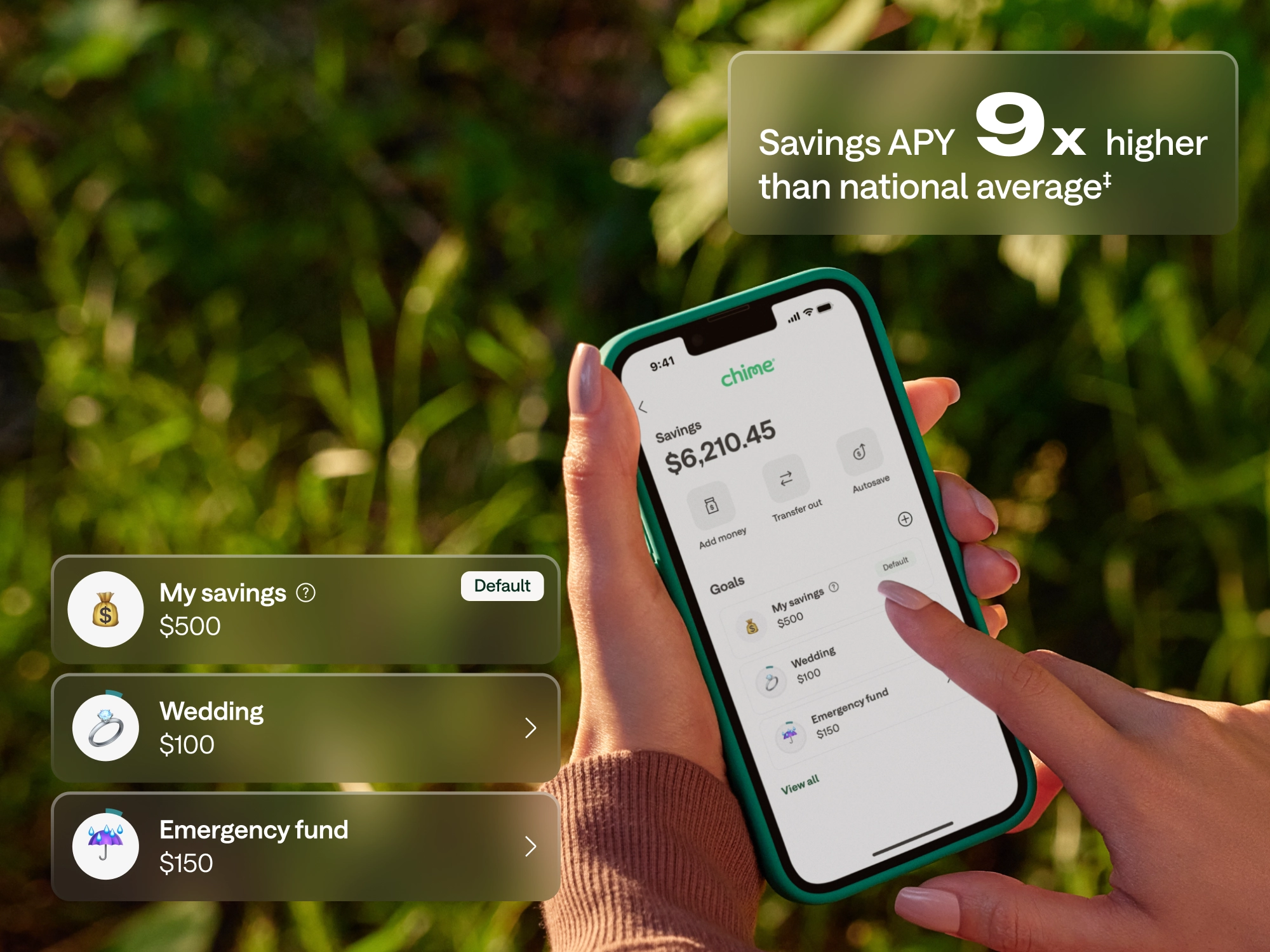 Hands holding a phone displaying the Chime savings app with $6,210.45 balance and savings goals listed.