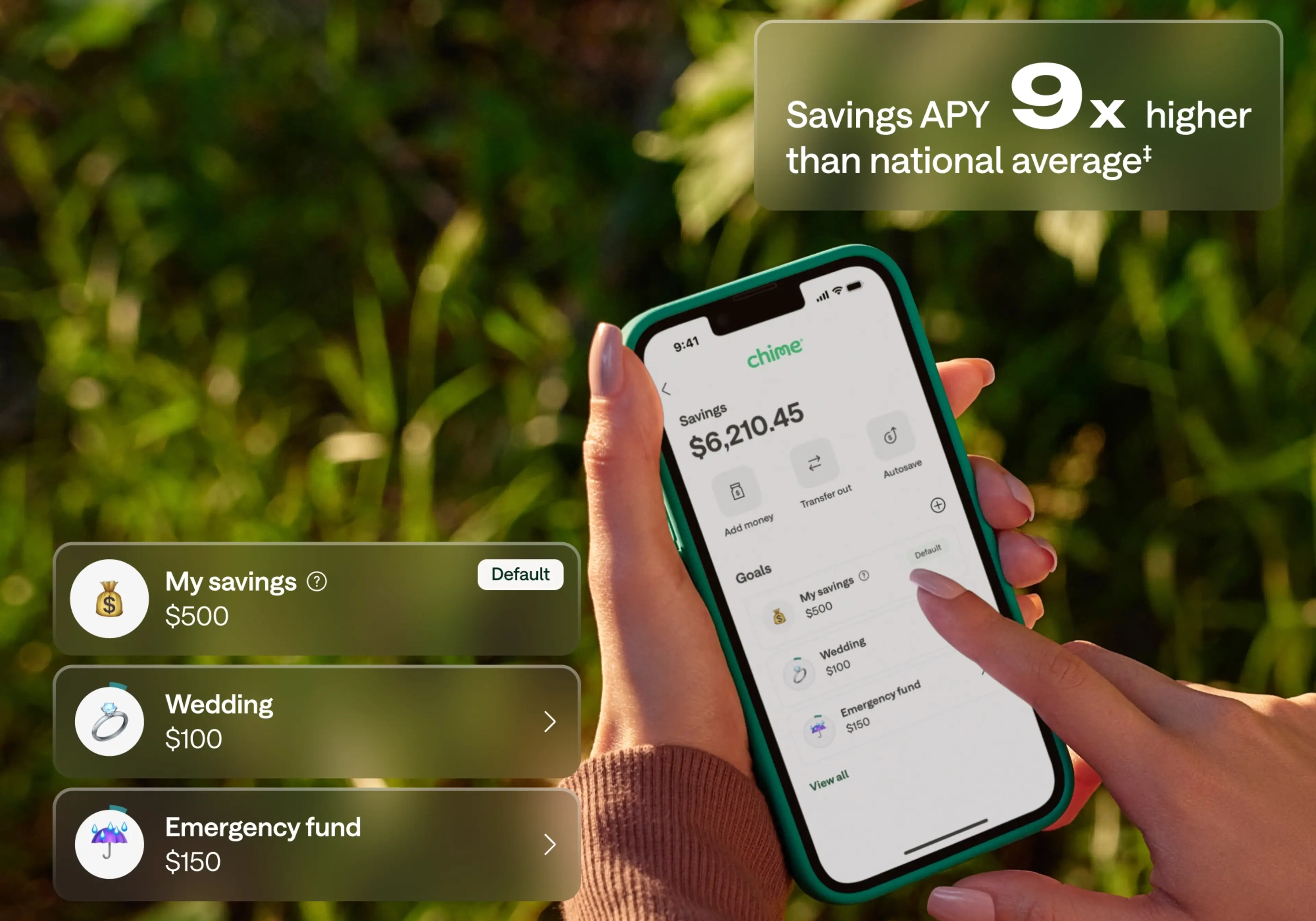 Hands holding a phone displaying the Chime savings app with $6,210.45 balance and savings goals listed.